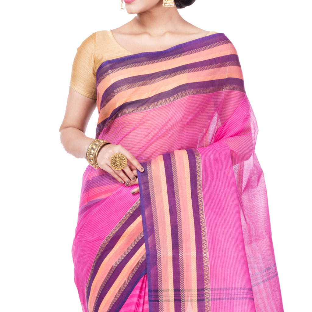 Pink Pure Cotton Khajur_Churi_Strip Tant Saree (658)